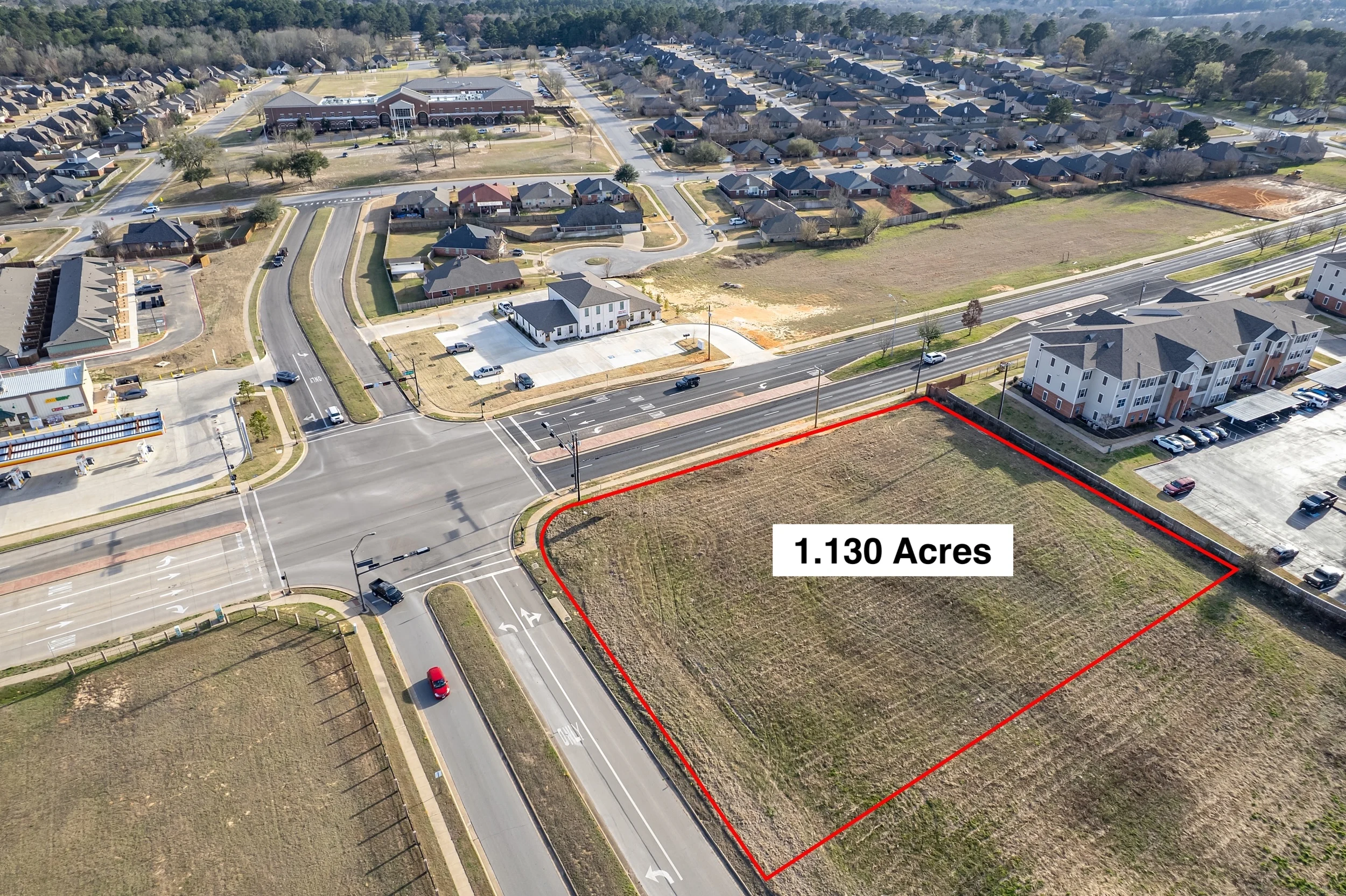 Aerial view showing multiple commercial development lots available along Cumberland Road and Blue Mountain Boulevard in Tyler.