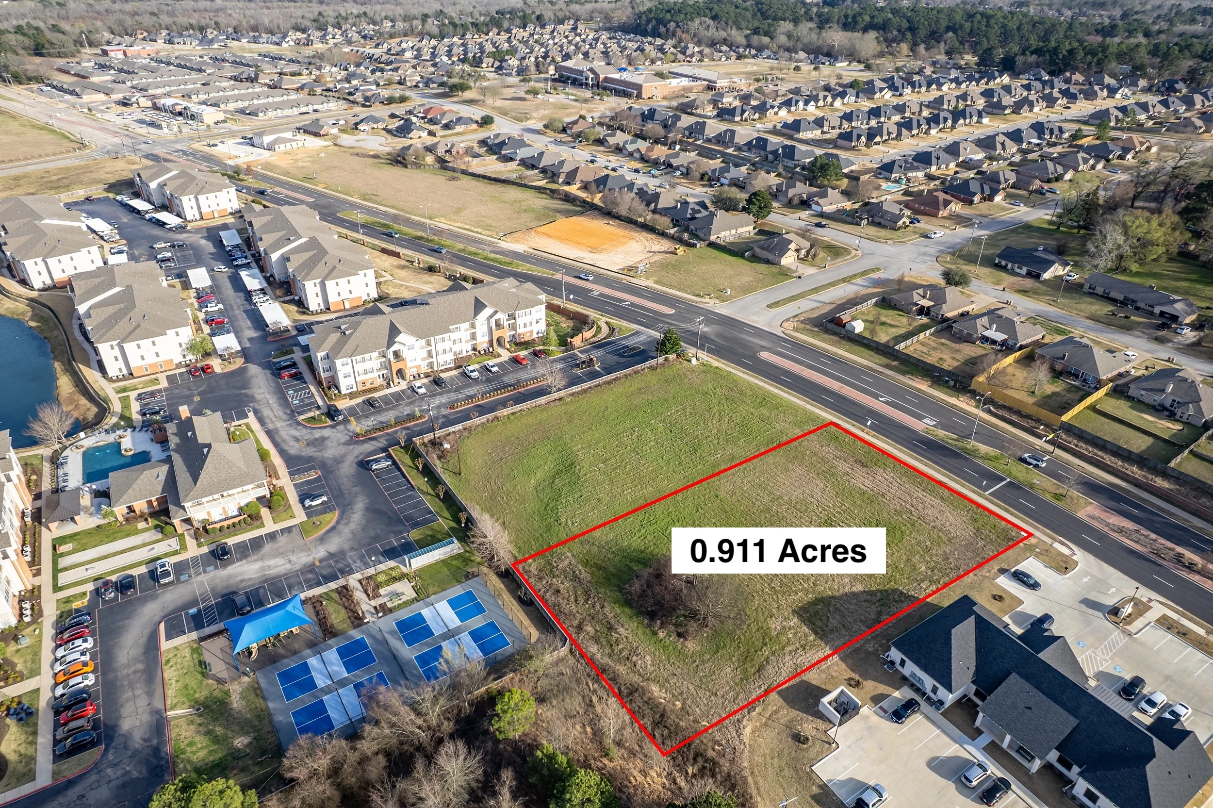 Aerial angle emphasizing Cumberland Road frontage for the South Tyler commercial development lots.