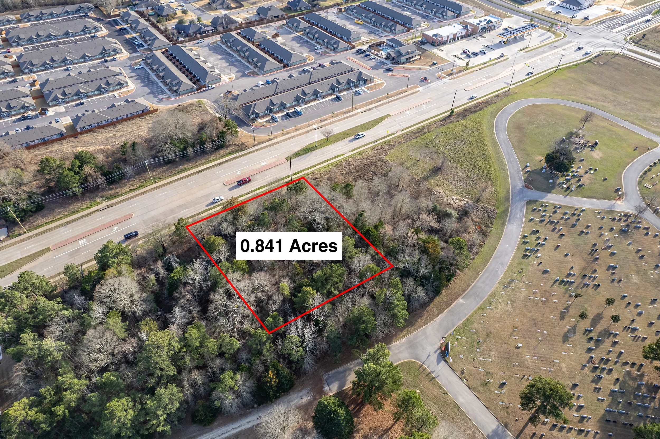 Wide aerial context of the Cumberland Road commercial corridor and surrounding South Tyler growth area.