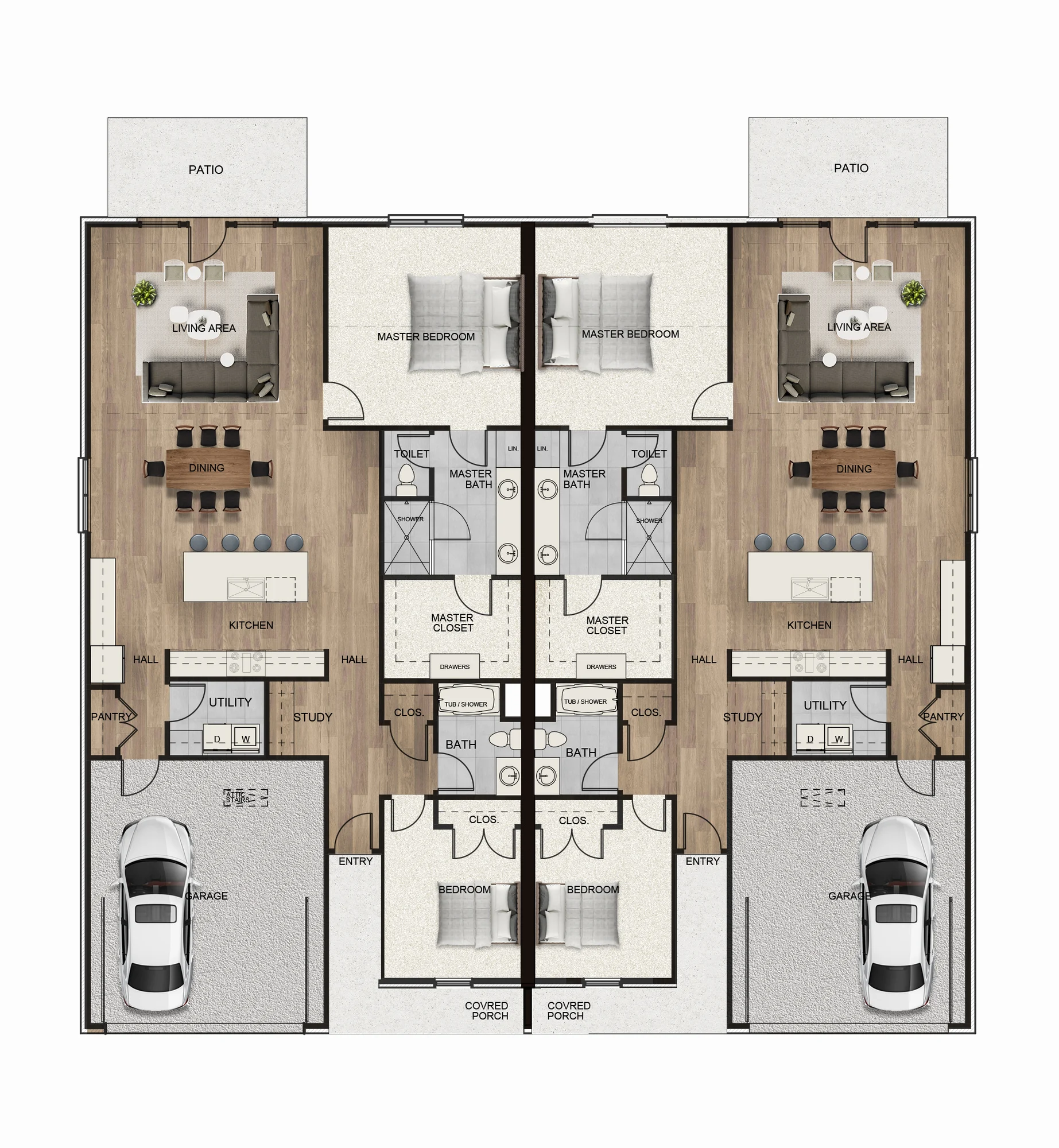 Aerial view showing the existing duplex community and adjacent land available for expansion.