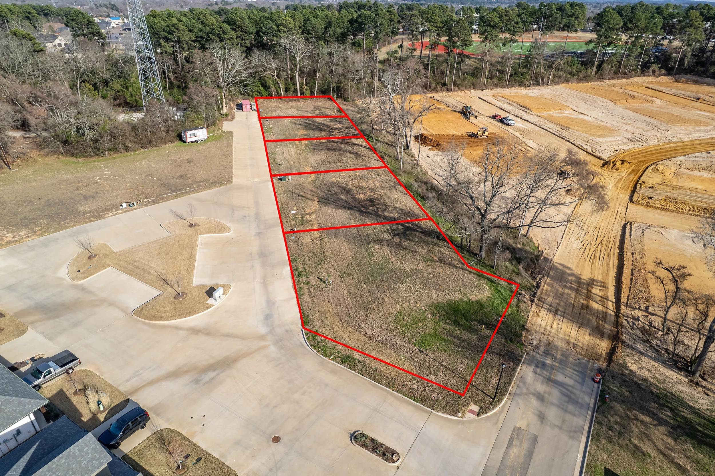 Closer aerial view of the cleared duplex lots and their shared alignment along Lazy Vale Court.