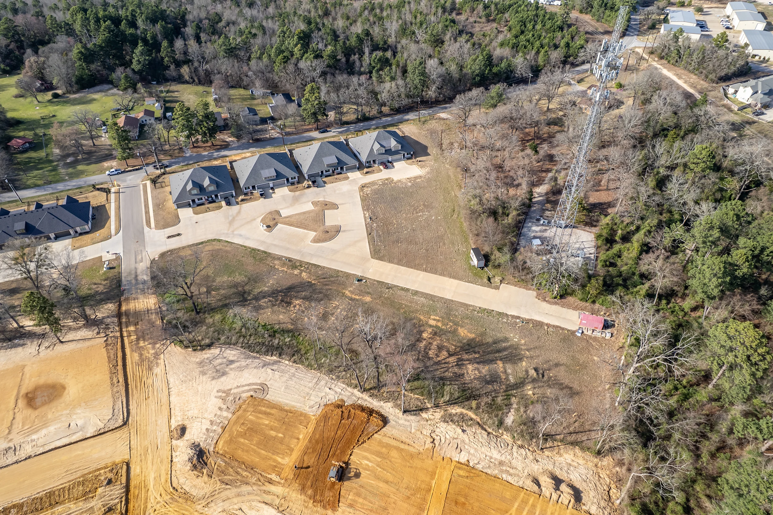 Aerial view of the development lots in relation to nearby completed Henshaw Creek duplexes.